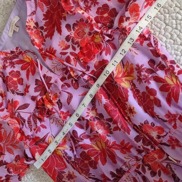 Skies Are Blue XS Semi Sheer Floral Metallic Tiered V-Neck Maxi Dress - Picture 9 of 16